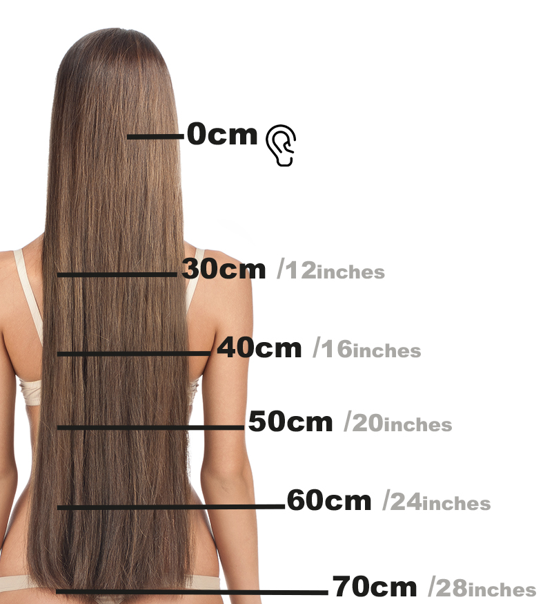 Guide visuel de la longueur des extensions capillaires en centimètres et pouces, illustré sur des cheveux longs vus de dos